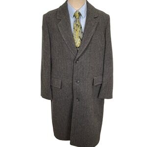 London Fog Overcoat  Mens 46 Gray Herringbone Wool Overcoat Long Lined USA